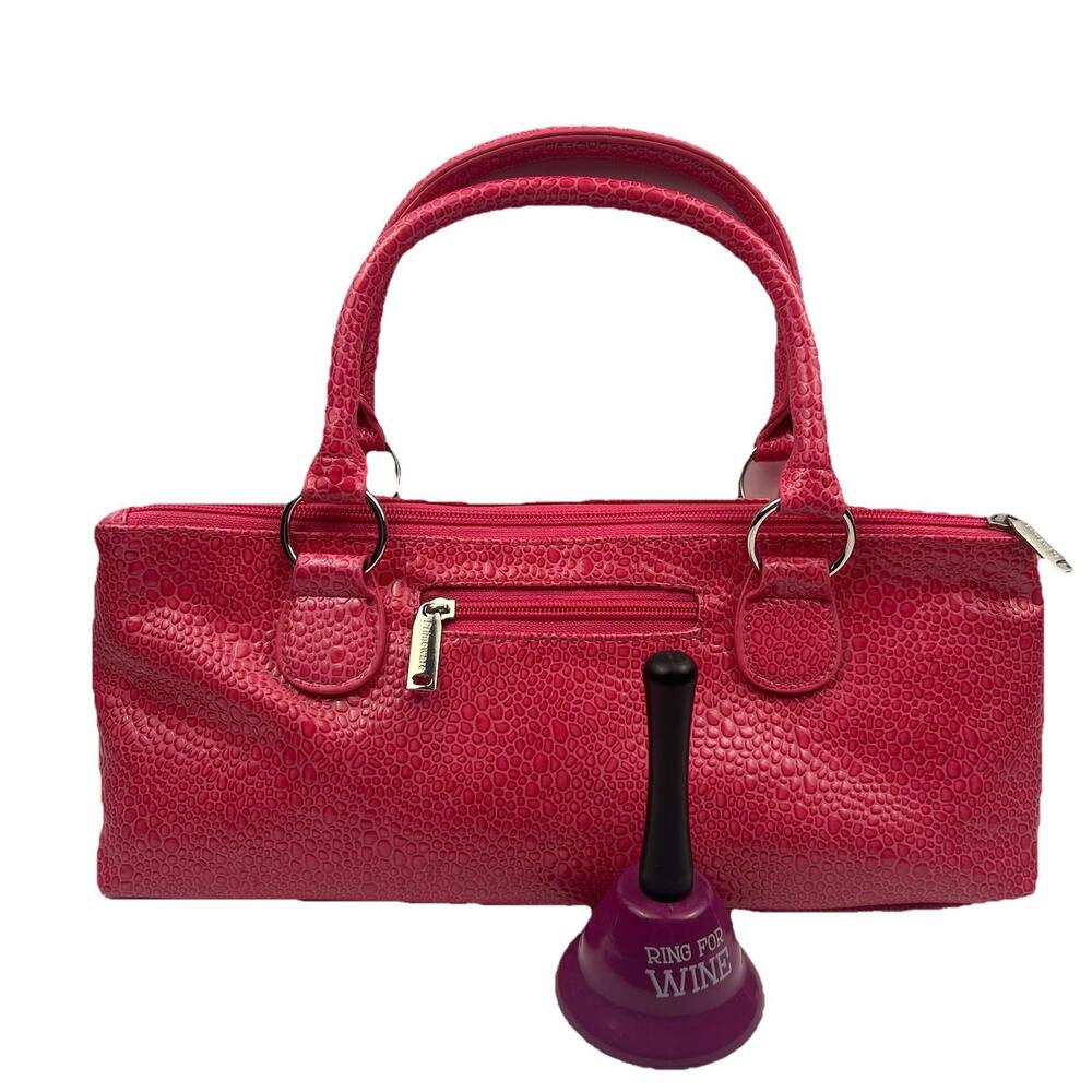 Pink Faux Insulated Single Bottle Wine Carrier Clutch Tote & Ring for Wine Bell
